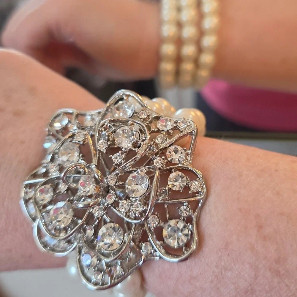 Glam Faux Pearl & Rhinestone 3 Strand Stretch Bracelet - Statement‎ Jewelry
